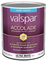 Valspar Accolade 1100 028.0011002.005 Latex Paint, Acrylic Base, Matte, Ultra White, 1 qt, Plastic Can